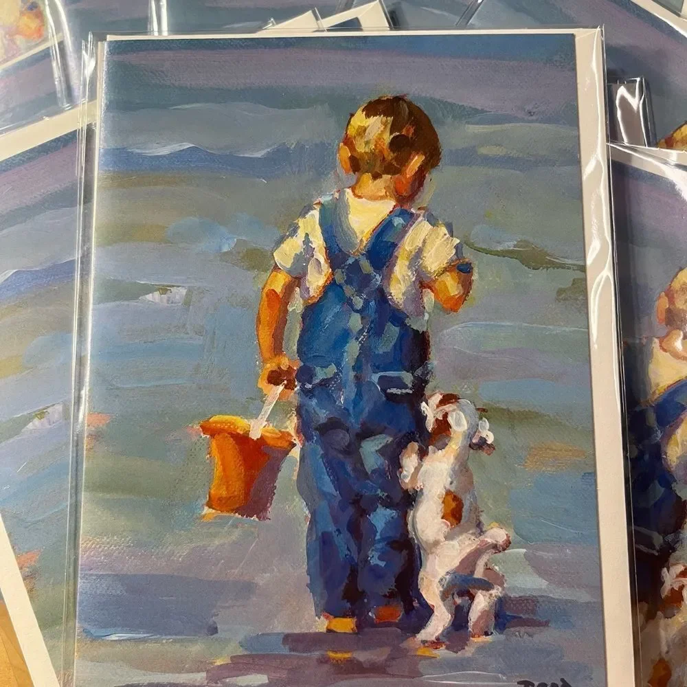 20 artistic blank greeting cards in sealed plastic, puppy and boy on the beach